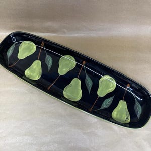 Romy & Clare Fenton Large Rectangular Platter, Black with Green Pears, Serving Dish Tray, Long 24”