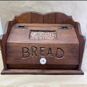 Vintage Handmade Carved Wooden Countertop Bread Box with Drop Lid Cottage Country Farmhouse Kitchen