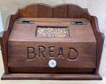 Vintage Handmade Carved Wooden Countertop Bread Box with Drop Lid Cottage Country Farmhouse Kitchen