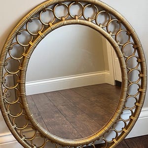 Round Mirror Gold Rattan 23" x 26” Loop Rings Wall Hanging Vintage