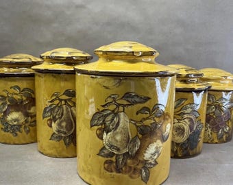 Vintage 1960s 5-piece Kitchen Canister Set Mid-Century Mustard Yellow Ceramic Glazed Fruit Harvest