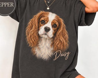 Camiseta personalizada con retrato de mascota, camiseta personalizada con foto de perro, camiseta de Cavalier King Charles Spaniel, regalo personalizado con el nombre de la mascota