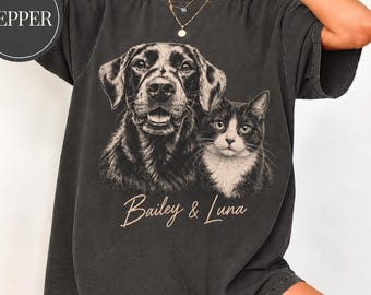 Custom Pet Portrait Shirt, Personalized Dog and Cat Photo Tee, Custom Pet Name Shirt, Labrador Tuxedo Cat Gift