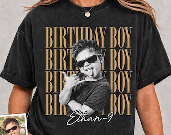T-shirt d'anniversaire personnalisé avec photo, T-shirt d'anniversaire garçon personnalisé, T-shirt pour fête d'anniversaire enfant, Cadeau personnalisé avec nom et âge