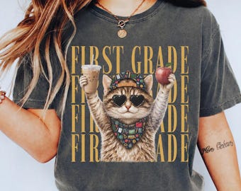 Camiseta de gato para maestra de primer grado, camiseta para maestra amante de los gatos, camiseta del equipo de primer grado, regalo de regreso a clases, camiseta de agradecimiento para maestros