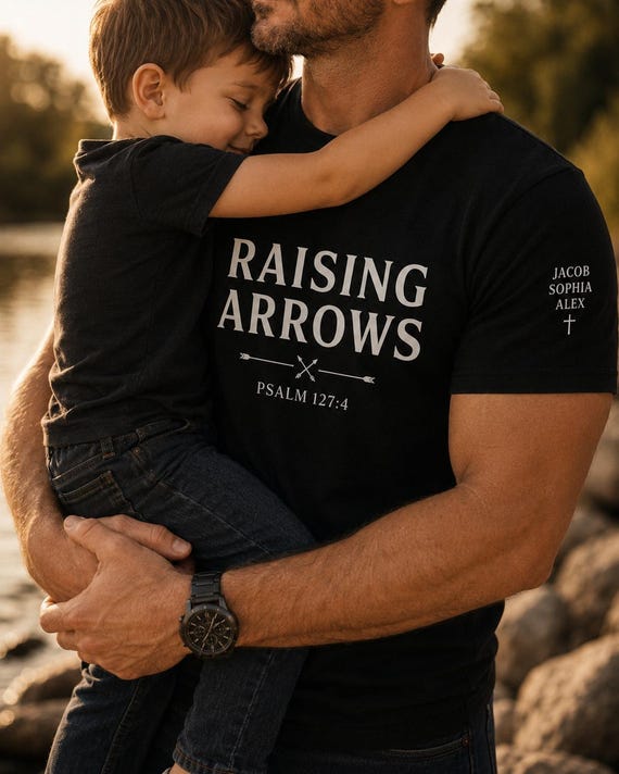 Christian Dad Fathers Day Shirt, Raising Arrows Psalm 127:4 Custom Name Sleeve T-Shirt,