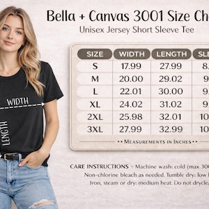 Peut inclure: Tableau des tailles pour un t-shirt unisexe &agrave; manches courtes Bella + Canvas 3001. Le tableau affiche les mesures en pouces pour les tailles S &agrave; 3XL, y compris la largeur, la longueur et la longueur des manches. Des instructions d'entretien sont &eacute;galement fournies.