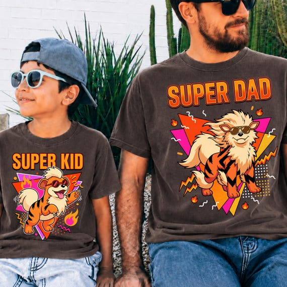 Arcanine Super Dad T-Shirt, Growlithe Super Kid Kids Tee, Pokemon Matching Father Son Comfort Colors Shirt, Fathers Day Pokemon Gift Tee
