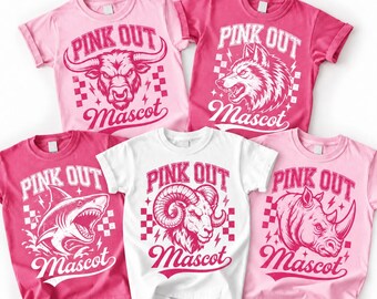 Camiseta con la mascota del evento Pink Out, camiseta del equipo de concientización sobre el cáncer de mama, camiseta personalizada para el día del partido de la escuela con la mascota, camiseta personalizada con el nombre del equipo de fútbol.