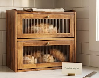 Hand Crafted Double Layer Wooden Bread Box – Extra Large Kitchen Counter Storage Bin