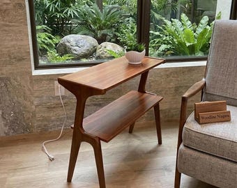 Wooden End Table, Solid Rubber Wood Legs, Modern Cherry Finish, Slim Nightstand