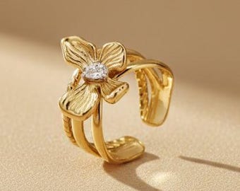Anillo de flor de oro con diamantes de imitación, anillo ajustable de la serie romántica, joya elegante para mujer, accesorio de oro, regalo duradero.