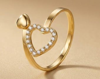 Anillo de corazón dorado ajustable en acero inoxidable con pedrería, elegante joya para mujer, idea de regalo romántica, accesorio de moda para mujer.
