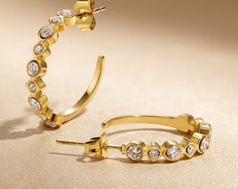 Pendientes de aro con diamantes de imitación dorados, pendientes de aro de acero inoxidable, joyas elegantes para mujer, accesorios de moda, regalo elegante para mujer.