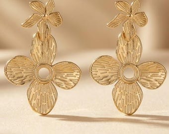 Elegantes pendientes de flores, joyas florales únicas, accesorio dorado para mujer, moderno, elegante, sexy, estilo oriental, idea de regalo chic.