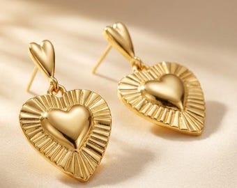 Pendientes de corazón dorados para mujer, elegantes pendientes colgantes, joyas de amor, joyas de moda, pendientes de acero inoxidable