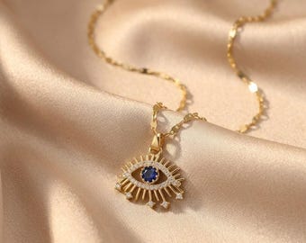 Collar de oro con ojo turco para mujer – Collar de acero inoxidable 316L con circonita – Joyería protectora elegante – Regalo moderno para mujer
