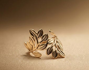 Anillo de acero inoxidable ajustable, anillo de rama de laurel dorado, joyería elegante para mujer, regalo para ella, accesorio de noche de moda duradero.
