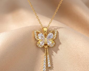 Collar de borla de mariposa para mujer con incrustaciones de circonita, joyería en tono dorado, colgante elegante, acero inoxidable, idea de regalo para mujer, collar elegante