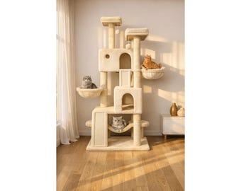 Large Cat Tree Tower 65 Inch for Indoor Cats, Multi Level Cat Condo with Scratching Posts, Plush Perches, Hammock, Basket, Stable Furniture