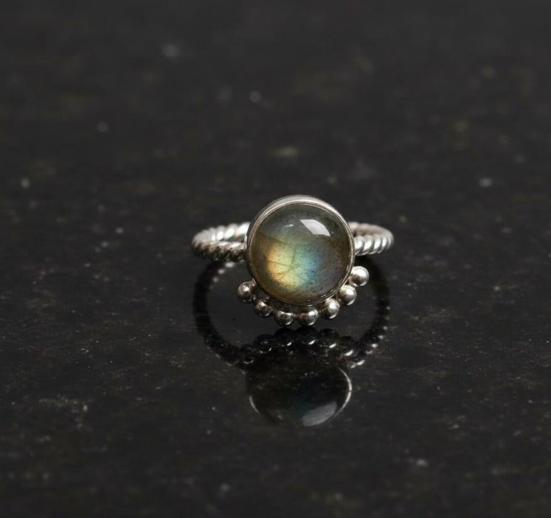 Sterling Silver Labradorite Solitaire Ring – Round Boho Stacking Band ...