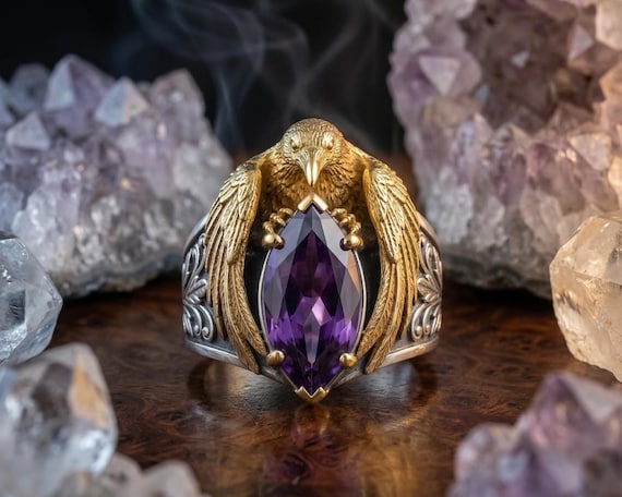 Gothic Raven Amethyst Ring in Oxidized 925 Sterling Silver • Dark Crow Statement Witchy Jewelry