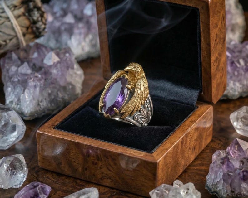Puede incluir: Un anillo de oro y plata con un dise&ntilde;o de &aacute;guila, engastado con una gran gema p&uacute;rpura de corte ovalado. El anillo se exhibe en una caja de madera con interior de terciopelo negro, rodeado de cristales de amatista. Se destacan los intrincados detalles del anillo.