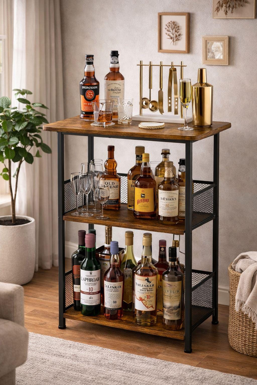 3 Tier Whiskey Rack Floor Standing, Rustic Mini Bar Table, Freestanding ...