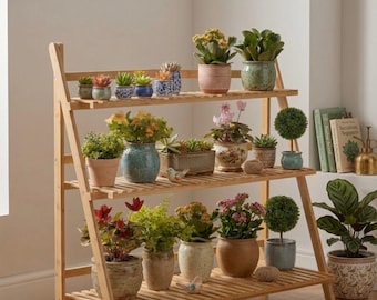 Bamboo Plant Stand 3 Tier Folding Ladder Shelf Indoor Outdoor Plant Rack Wooden Flower Pot Holder Garden Balcony Display