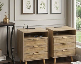 Rattan Nightstand with Charging Station LED Lights Boho Bedside Table Wood Side Table with Drawers USB Night Stand Bedroom Furniture