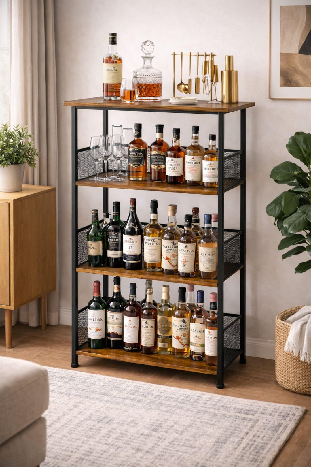 3 Tier Whiskey Rack Floor Standing, Rustic Mini Bar Table, Freestanding ...