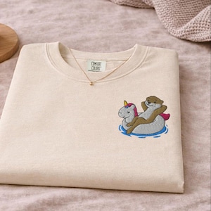 Embroidered Otter Unicorn Pool Float Embroidered T-Shirt, Summer Vacation Relaxed Vibe Tee