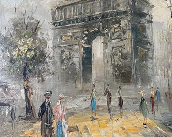 Schilderij van een Parijse straatscène met de Arc de Triomphe