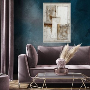 Neutral Toned Abstract Geometric Canvas Art, Earthy Brown White Rectangles Home Decoration