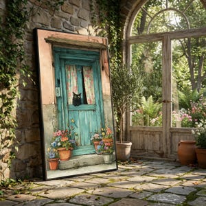 Puede incluir: Una impresión artística enmarcada representa una puerta turquesa con un gato negro asomándose. La puerta está adornada con cortinas florales y rodeada de flores en macetas. La obra de arte se encuentra contra una pared de piedra y un jardín, creando una escena encantadora.