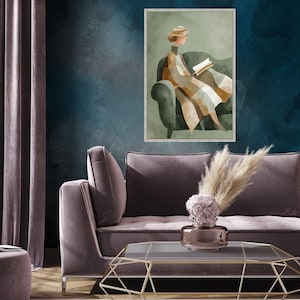 Woman Reading on Sofa Canvas, Cozy Abstract Living Room Art Print