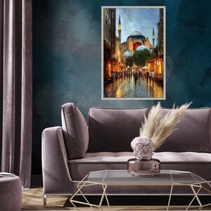 Istanbul Evening Street Scene Canvas, Historic Architecture Cityscape Print, Market Warm Lighting Wall Decor