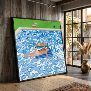 David Hockney-stil poolscen canvastavla, färgglad figurativ simkonst