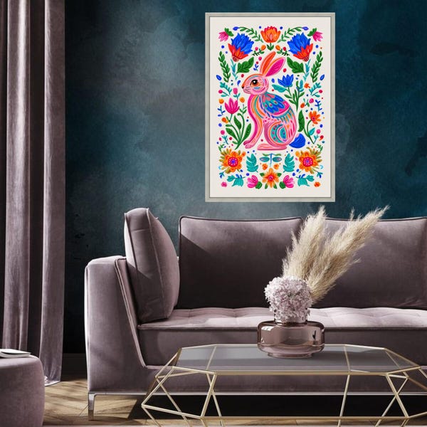 Colorful Bunny Floral Canvas Art, Whimsical Animal Nature Illustration, Bright Home Decoration