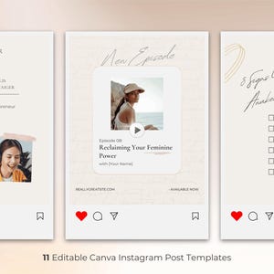 Könnte beinhalten: Ein Satz von 11 editierbaren Canva Instagram-Post-Vorlagen. Die Vorlagen verfügen über eine neutrale Farbpalette mit Text und Bildern. Eine Vorlage enthält einen Podcast-Gaststar, eine andere wirbt für eine neue Folge und eine dritte listet Anzeichen für spirituelles Erwachen auf.