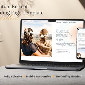 May include: A laptop and smartphone display a website template for a spiritual retreat. The laptop screen shows two women with their backs to the viewer. The smartphone displays the same website design. Text on the screen reads "Spiritual retreats for deep transformation."