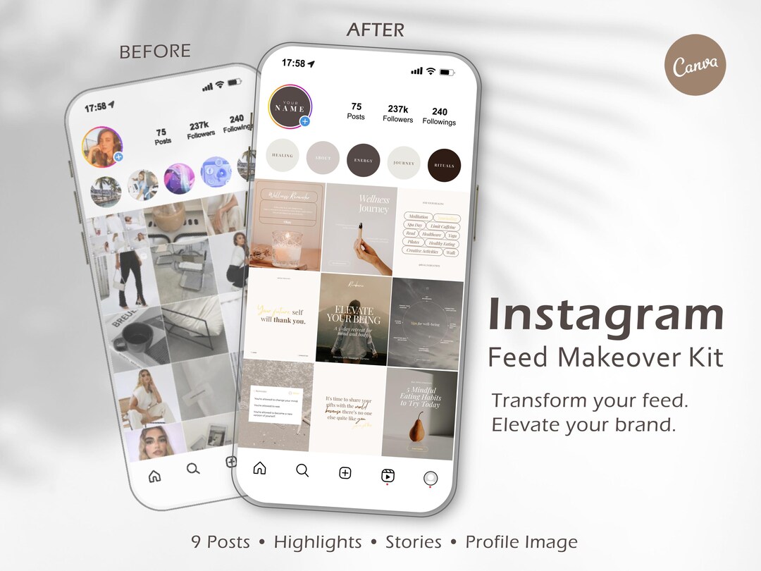 Makeover' Post Instagram Feed Makeover Kit Canva Templates | 9 Post Grid, Highlights ...