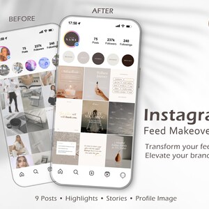 May include: Two smartphones showcasing an Instagram feed makeover kit. The "before" screen displays a feed with diverse images, contrasted by the "after" screen's cohesive, stylish feed. Text reads "Instagram Feed Makeover Kit" and "Transform your feed. Elevate your brand."