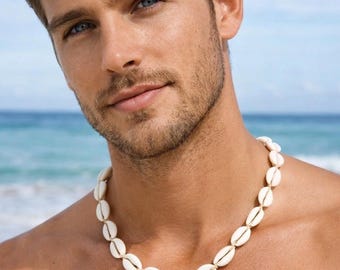 Handgefertigte Kauri Muschel Halskette für Männer und Frauen / Boho Sommer Look / Weiße Kauri Muschel / Herren Strand Schmuck