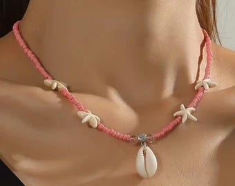 Vintage Strand Stil Muschel Seestern Anhänger Halskette für Frauen / Rosa Perlen Blumen Choker / Boho Strand Halskette / Sommer Urlaub Schmuck