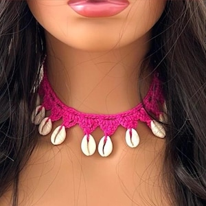 Handmade Cowrie Shell Crochet Necklace/ Boho Beach Jewelry/ Coastal Choker