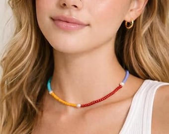 Bunte Perlen Halskette/ Regenbogen Samen Perle Choker/ Handgemachter Sommer Schmuck/ Minimalistische Halskette/ Geschenk für Sie