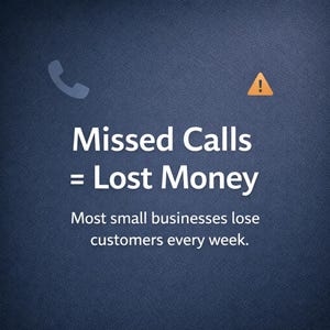 以下が含まれることがあります： 「Missed Calls = Lost Money」というテキストが書かれた濃い青色のグラフィック。電話のアイコンが左上に、オレンジ色の感嘆符のアイコンが右上にあります。「Most small businesses lose customers every week」というテキストが下にあります。