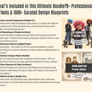 May include: An advertisement for an ultimate bundle of AI tools and design blueprints. The image includes text and illustrations, such as the "AI Character Design Tool" and "Junk Journal Prompt Builder". The bundle includes tools for creating digital art and designs.