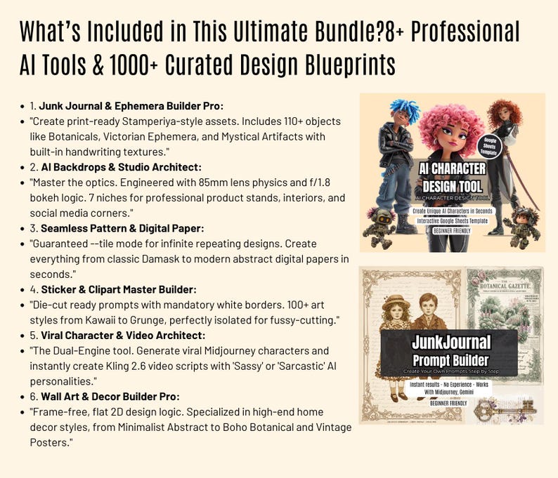 May include: An advertisement for an ultimate bundle of AI tools and design blueprints. The image includes text and illustrations, such as the "AI Character Design Tool" and "Junk Journal Prompt Builder". The bundle includes tools for creating digital art and designs.